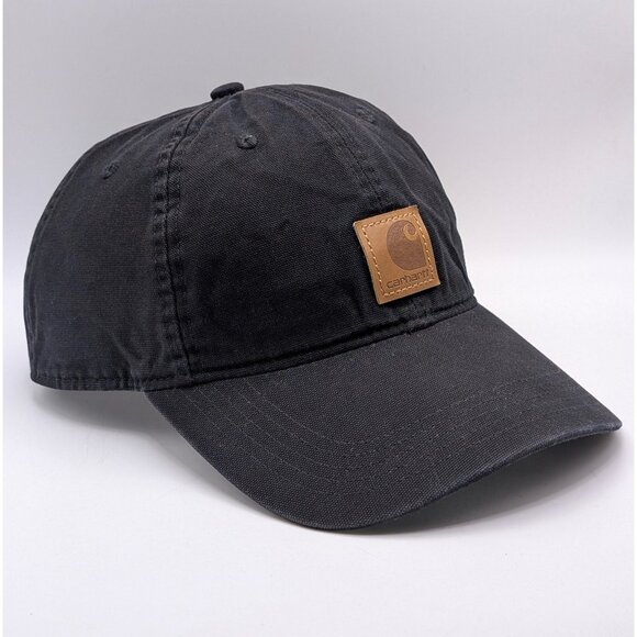 Carhartt Hat Cap Strap Back Black Brown Leather Patch Canvas Mens Work Wear - Picture 1 of 5